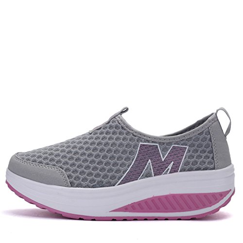SAGUARO Ladies Toning Rocker Shoes Womens Mesh Slip On Wedges Tennis Platform Walking Sneakers, Grey