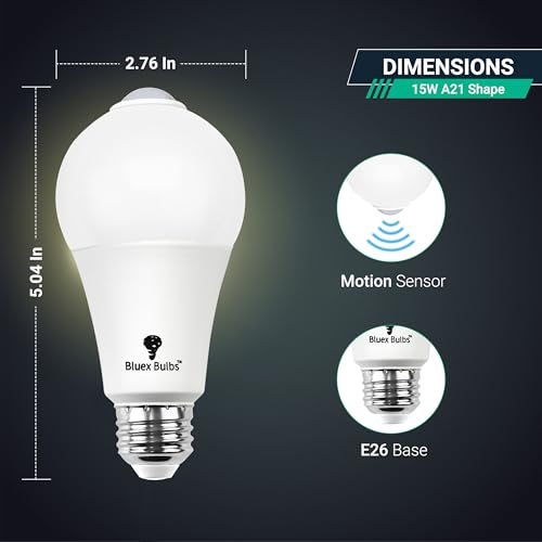 Image of Bluex Bulbs 3 Pack Motion Sensor LED Light Bulb A21, 15W 1300 Lumens, Daylight 5000K, Automatic On /Off Security Light, E26 Medium Base Indoor & Outdoor Use, 120V (4000K - Cool White)