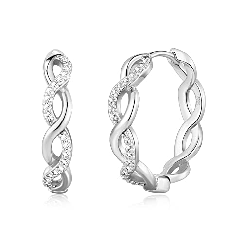 Senteria Silber Creolen für Damen S925 Sterling 14 Karat Weißgold Plattiert Gedrehte mit Zirkonia Leichte Kleine (20mm)