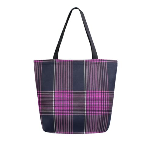 Extra Large Shoulder Tote Bag for Beach Travel Weekender Gym Magenta Black Plaid Pattern Reusable Grocery Canvas Shopping Bag