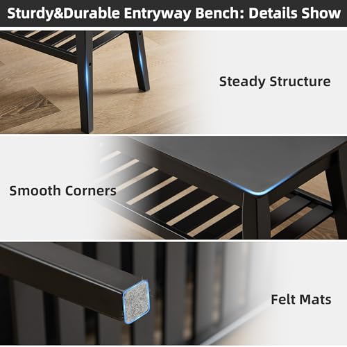 Nnewvante Bamboo Entryway Bench, 33.46\" End of Bed Bench, 2 Tier Black Bench for Bedroom, Indoor Bench for Living Room, Dining Room, Hallway, Holds up to 300lbs - Thumbnail 7