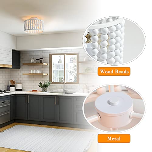Tewei Wood Bead Chandelier, Semi Flush Mount Boho Nursery Ceiling Light Fixture Rustic 3 Lights Chandelier Farmhouse E26 For Kitchen Bedroom Living Dining Room White #TOP1