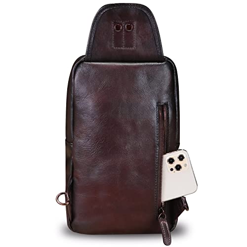 LRTO Genuine Leather Sling Bag Crossbody Motorcycle Bag Handmade Hiking Chest Daypack Retro Shoulder Backpack (Coffee)3