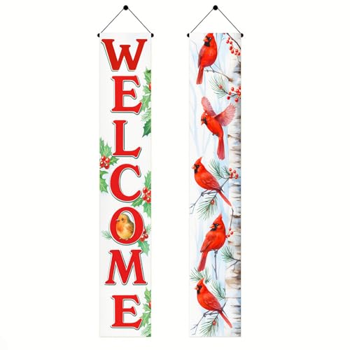 HOMETITUTE Christmas Welcome Door Banner Red Winter Bird Porch Sign Winter Vertical Hanging Front Door Decoration Outdoor Holiday Entryway Wall Decor Seasonal Home Garden Display