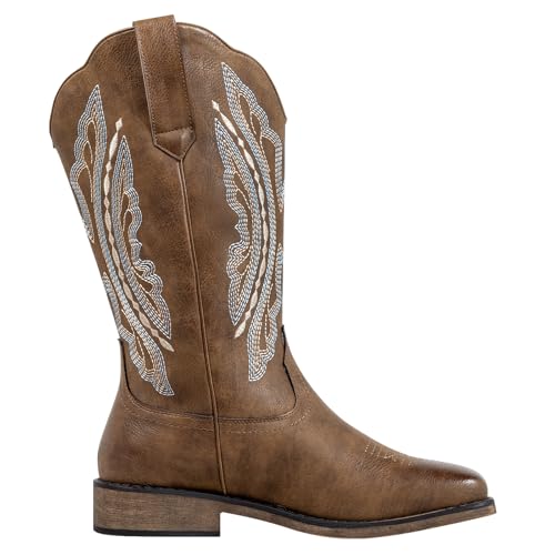 Image of SheSole Women's Wide Calf Cowboy Boots Square Toe Plus Size Cowgirl Boots Western Style Comfortable Low Heel