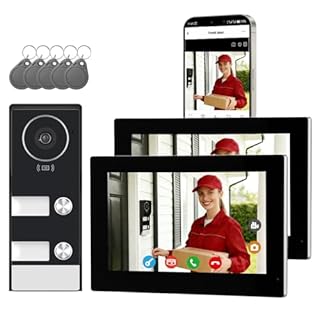Honmidatek Sistema Videocitofonico Domestico Intelligente, videocitofono cablato con 2 Schermi da 7 pollici, Sblocco Remota, Audio Bidirezionale, RFID, visione notturna,per 2Famiglie