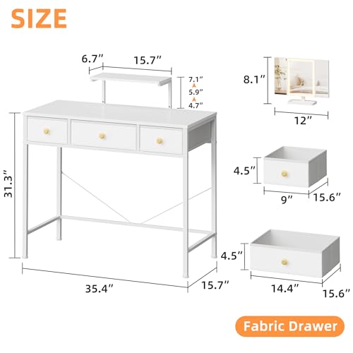 Image of HIGDBFE Small Makeup Vanity Desk 35''W with Mirror and Lights, 3 Drawers | USB Lighted Mirror, Height-Adjustable Stand, Fabric Drawers, Girls /Kids Gifts, Bedroom, Small Space, Dorm, White