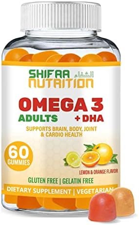 SHIFAA NUTRITION Vegan Omega 3 Gummies for Adults | No Fish Oil Burps | 60 Gummies | Plant Based w/ Chia Oil, Algae | Omega 3 6 9 w/ DHA, Vitamin C | for Brain, Cardiovascular & Immune Support Halal