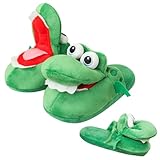 Lustige Krokodil-Mund-Plüsch-Hausschuhe, warmes Weihnachtsgeschenk, unisex, rutschfest, Winter-Scherz-Hausschuhe für den Innenbereich (Kinder und Erwachsene), grün, 37/39 EU