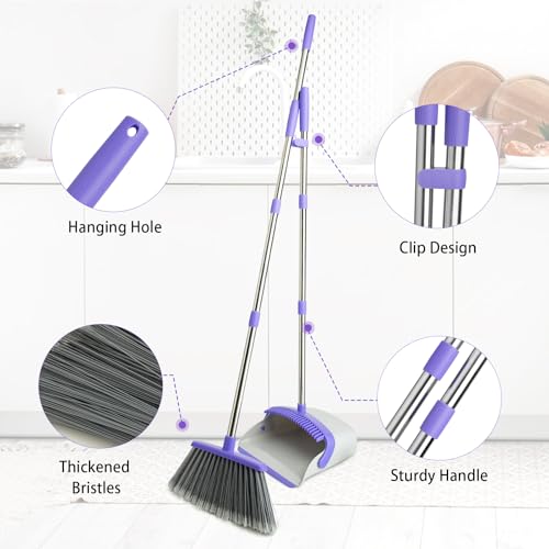 Image of Broom and Dustpan Set with 51 inch Adjustable Long Handle-Gray Purple | Long Handle and Standing Dust Pan with Comb Teeth, Efficient Floor Cleaning for Kitchen, Outdoor, Dorm, Apartment, Office