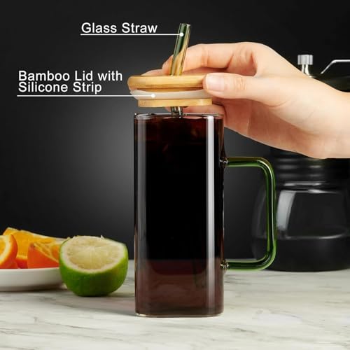 Image of Glass Tumbler with Colored Handle, 400ml Coffee Sipper with Wooden Lid and Glass Straw Iced Tea Mug Clear Drinking Cup for Juice, Milk, Smoothie, Beer Sipper with Straw