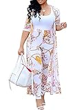 Womens Floral Print Long Sleeve Cardigan Cover Up Jacket Long Pants 2 Piece Outfits Set White X-Large