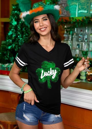 ALIREVERIE St Patricks Day Womens Short Sleeve Crewneck Lucky Clover Graphic Casual Holiday T Shirt Black M - 4