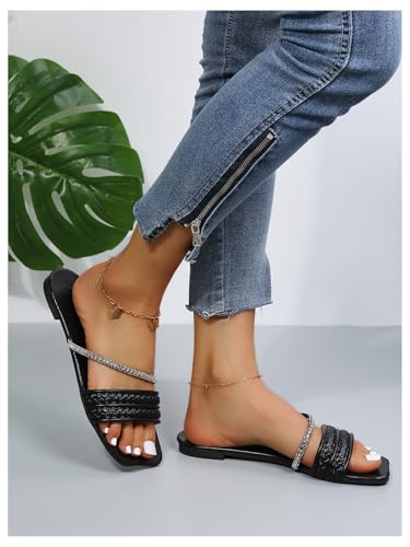 Image of GORGLITTER Women's Rhinestone Sparkly Flat Sandals Glitter Strappy Wedding Braided Prom Leather Square Toe Slide Shoes