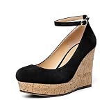 AUMOTED Women's Platform High Heels Pumps Wedges Closed Round Toe Buckle Ankle Strap Heels Shoes for