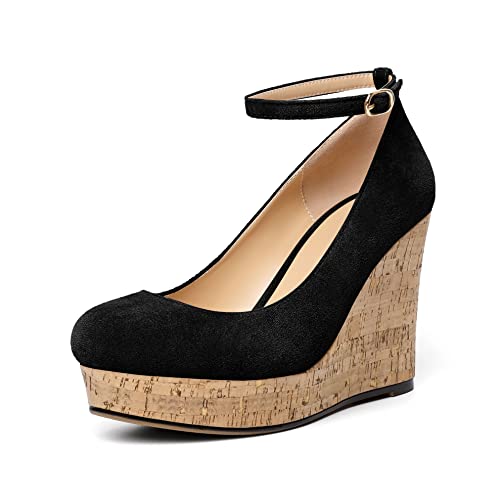 Aumoted Women's Platform High Heels Pumps Wedges Closed Round Toe Buckle Ankle Strap Heels Shoes For Ladies Casual Dress 3.93 Inch High Heeled Suede Black Us Size 10 #TOP9