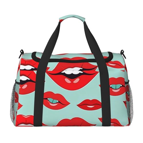 Cute Graphic Red Lips Print Travel Duffle Bag - Foldable Personal Item Travel Bag for Women & Men,Carry-On Convertible Crossbody Tote Bags with Adjustable Shoulder Strap & Pockets 13x10.2x19.7 in