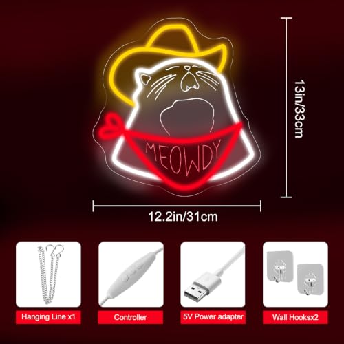 Image of Cowboy Cat Neon Sign Meowdy Cat Led Light Kids Room Decor | USB Powered Dimmable Home Wall Decor Room Decoration 13 inchx12.2 inch