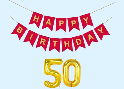 Image of 50th Happy Birthday Decoration Kit Red for 50 year Old Boys Girls Men with Number Fifty Party Decorations Decor Celebration Items Item Set Combo Reusable Paper Banner
