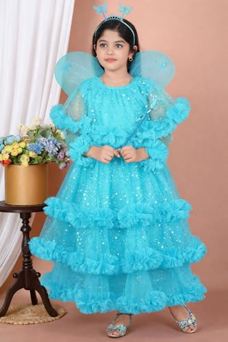 Image of Girls Glitter Tulle Tiered Gown with Butterfly Wings, Ruffle Detail, Fairy Costume Dress