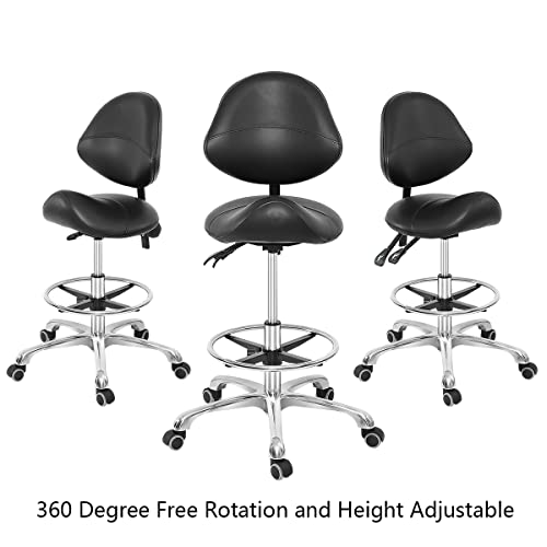 Grace & Grace Professional Saddle Stool Chair With Back Support, Hydraulic Ergonomic Saddle Seat Stool With Wheels For Clinic Dentist Spa Massage Salons Studio (Black, With Foot Rest) #TOP1