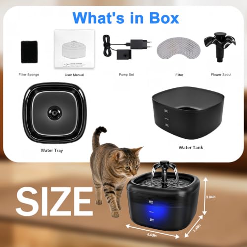 Katzenbrunnen Trinkbrunnen für Katzen und Hunde, 2.2L Automatischer Haustier Wasserbrunnen mit LED-Wasserstandsanzeige, Ultraleise Pumpe und Dreifach-Filtersystem, Bpa-Frei Katzen Tränke, Schwarz – Produktbild 7