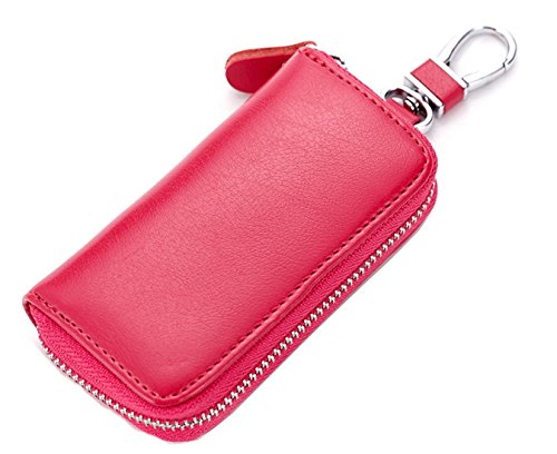 iSuperb - Estuche de llaves Familia Cartera de Llavero Piel Llave de Moto Coche y Unas Pequenas Organizador de Llaves Portallaves con Cremallera (Rojo Rosa)