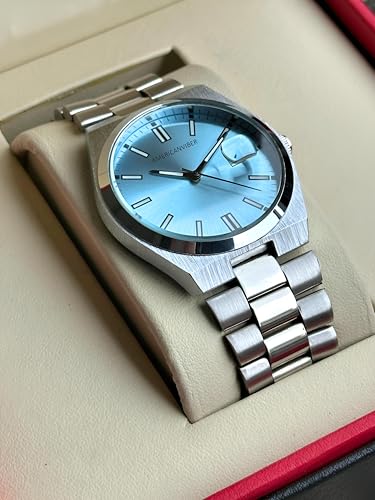 Image of AMERICANVIBER Men's Silver Stainless Steel Watch, Vibrant Green Sunburst Dial, Quartz Analog Movement, Date Display, Faceted Bezel for Men