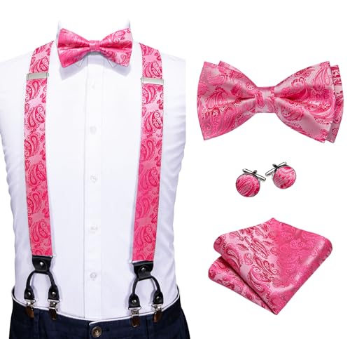 Image of YOHOWA Men Suspenders 6 Clips Strength Adjustable Y Braces Pre-Tied Bow Tie Set Formal Wedding Party