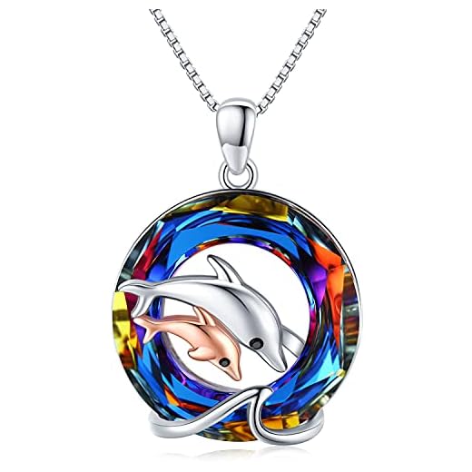 Delfin halsband mor dotter halsband 925 sterlingsilver bläckfisk kristall hänge smycken hav våg halsband för syster mamma mormor kvinnor flickor sjöälskare, 925 sterlingsilver,