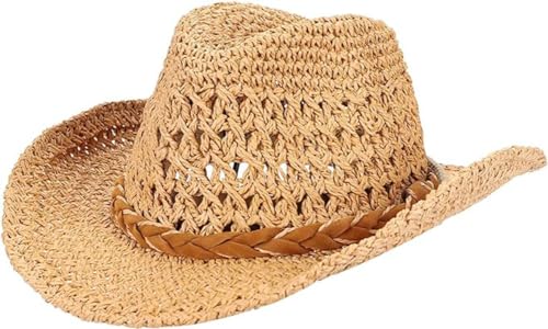 Straw Cowboy Cowgirl Hat for Men Women Classic Wide Brim Western Straw Hat Fedora Panama Hat with Chin Strap Summer Sun Hat Khaki