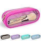 Nylon Slim Makeup Bag, Cute Makeup Brush Case, Preppy Cosmetic Zipper Pouch for Purse, Travel PVC Toiletry Bag Clutch Coin Pouch Makeup Organizer for Women Girls (Hot Pink)