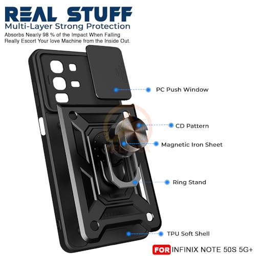 Image of Armor Bumper Back Cover Case for Infinix Note 50S 5G+ Rotating Camera Cover, Ring Holder & Kickstand | Heavy Duty & 360 Degree Protection Infinix Note 50S 5G+ Back Cover (Black)
