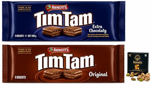 Arnott's TimTam Chocolate Biscuit Bars with Cream Filling, Original and Extra Chocolaty, 9 Biscuits Each with Free Flavourito Kunafa Pistachio Chocolate Bar, 20g By Decadent Foods