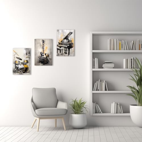Qixiang Music Canvas Wall Art For Music Lover Gift 3 Pcs Black And Gold Guitar Piano And Drum Set Picture Prints For Music Studio Home Decor Framed thumb #3