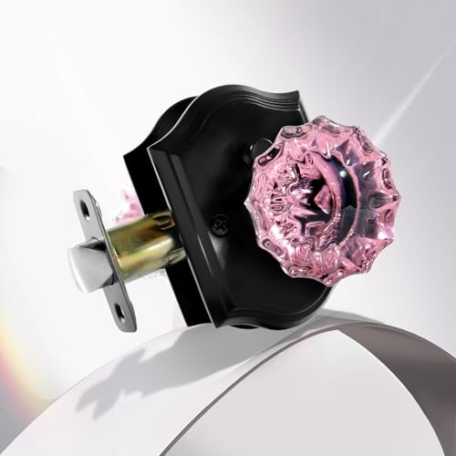 Crystal Door Knobs, Pink Black Glass Door Knobs Interior Rose Shape with Lock Privacy Function, Vintage Antique for Bedroom Bathroom