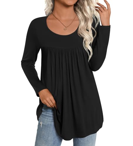 CATHY Womens Long Sleeve Casual Tunic Tops Fall Fashion 2025 Loose Fit Dressy to Wear with Leggings Winter Elastic Shirts, XXL, Black