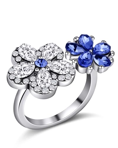 Teppdfann Silver Double Flower Ring for Women - Adjustable Open Ring with Blue and White Gemstones, Floral Birthstone Jewelry for Daily Wear