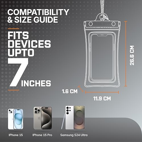Image of Robustt Floating Waterproof Mobile Pouch with Neck Lanyard | Air Cushion Float Protection & Touch Screen Compatible | Fits Smartphones Upto 7 Inch |Triple Seal Waterproof Cover for Beach, Rain, Pool