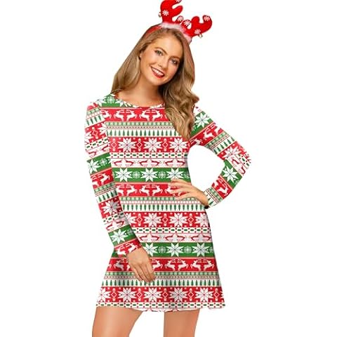 For G and PL Christmas Women Swing Casual Long Sleeve Gift Printed Tunic Mini Dress Pullover Outfits Xmas Costume Pattern M Cover