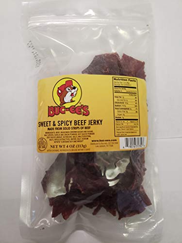 Buc-ee's Beef Jerky - Sweet & Spicy Beef Jerky Recipe Made in Texas From Solid Beef Strips Ready To Eat in Reusable Snack Bags 4 Oz.