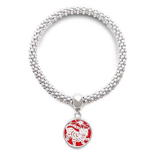 Bracelet tigre zodiaque chinois avec pendentif rond argenté pour femme