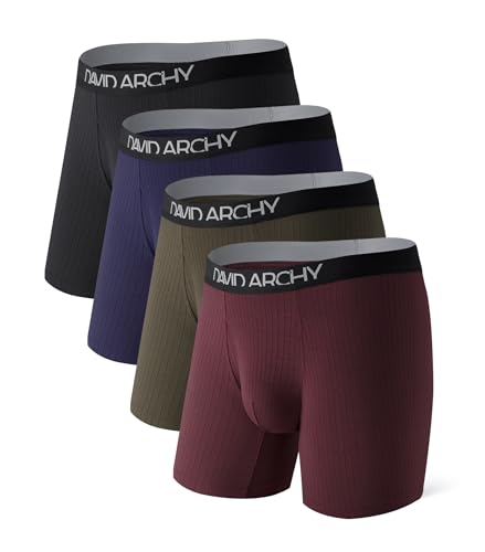 DAVID ARCHY Men's Underwear Breathable Rayon Made from Bamboo Boxer Briefs for Men 4 Pack with Fly L 6.5'' Deep Blue/Olive Green/Black/Deep Grape Purple