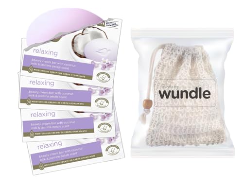 Wundle Bundle Soap Saver Exfoliating Pouch with 4 x Moisturising Soap Bars (Coconut Milk & Jasmine Petals)