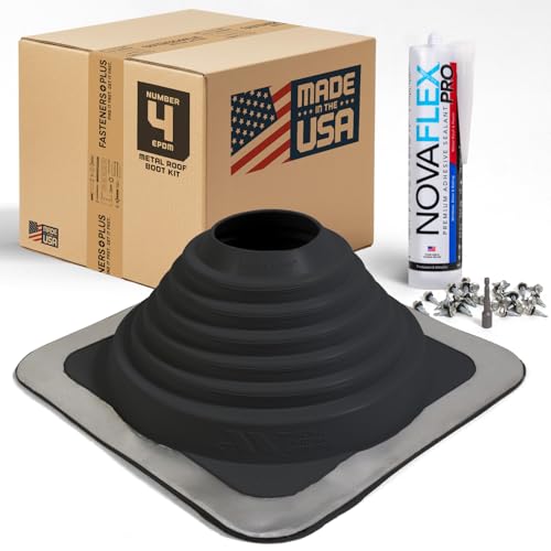 Fasteners Plus #4 Square EPDM Metal Roof Pipe Flashing Boot with Complete Install Kit (Made in USA...