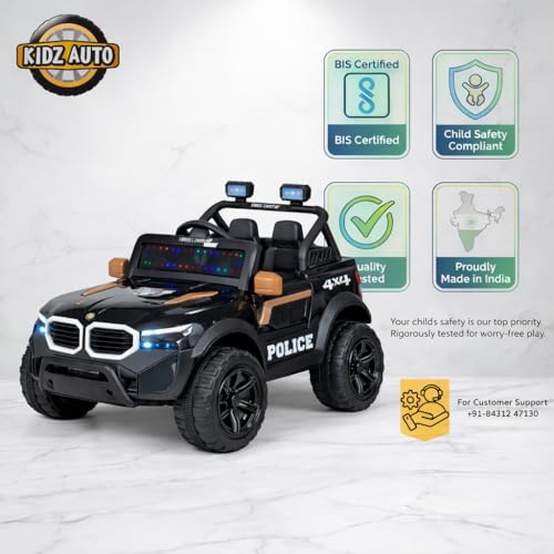 Image of KAB J 777 Rechargeable Battery Operated Jeep for Kids |POBO-2026 |Electric Ride-On Toy with LED Lights,Music,RGB Windshield,Steering Function & Dual Control (Black)