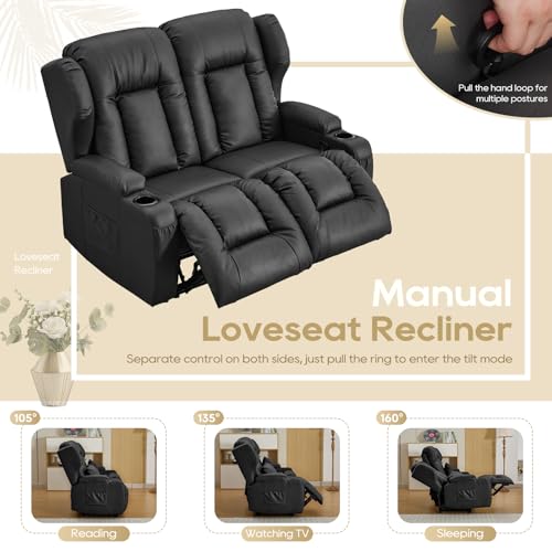 Image of IPKIG 54.2 inch RV Loveseat Recliner Sofa, Faux Leather Wall Hugger Reclining Chair with Cup Holder and Side Pockets, Home Theater Seating Manual Recliner for Living Room (Black, Loveseat)