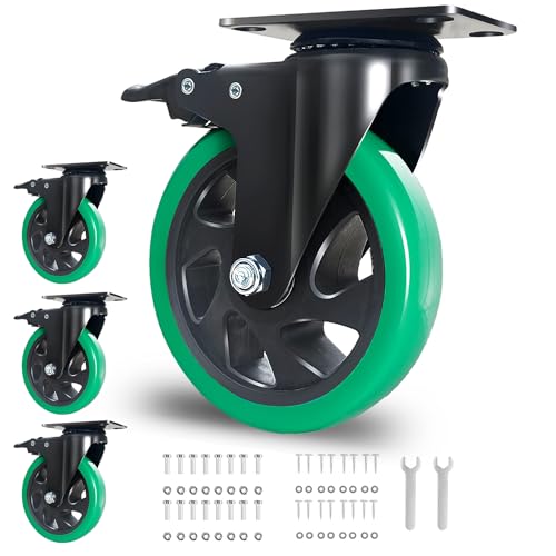 BZOLIHEU 5 Inch Caster Wheels, Plate Casters Set of 4 Heavy Duty, Silent Swivel Casters with Brake, Polyurethane Castor Wheels for Furniture and Workbench Cart, Green
