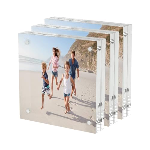 AITEE 4x4 Acrylic Picture Frames 3 Pack, 20% Thicker Block, Clear Picture Frames Freestanding Double Sided Magnetic Acrylic Lucite Frameless Transparent Square Frame Gift for Desktop Display