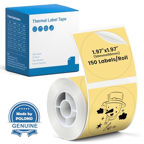 POLONO Thermal Labels for PM220S Label Maker, 1.97"x1.97" (50x50mm), Multi-Purpose Thermal Sticker Label Tape, Self-Adhesive Thermal Paper for Home, Office, 150 Labels/1Roll, Yellow